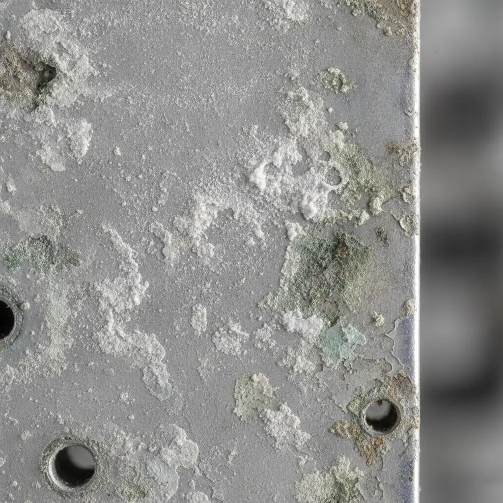 Failed salt spray test on black anodized aluminum parts showing surface pitting Failed salt spray test on black anodized aluminum parts showing surface pitting
