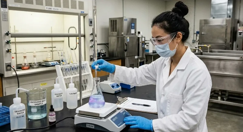 Dazao technician performing chemical titration to prevent aluminum anodizing defects Dazao technician performing chemical titration to prevent aluminum anodizing defects
